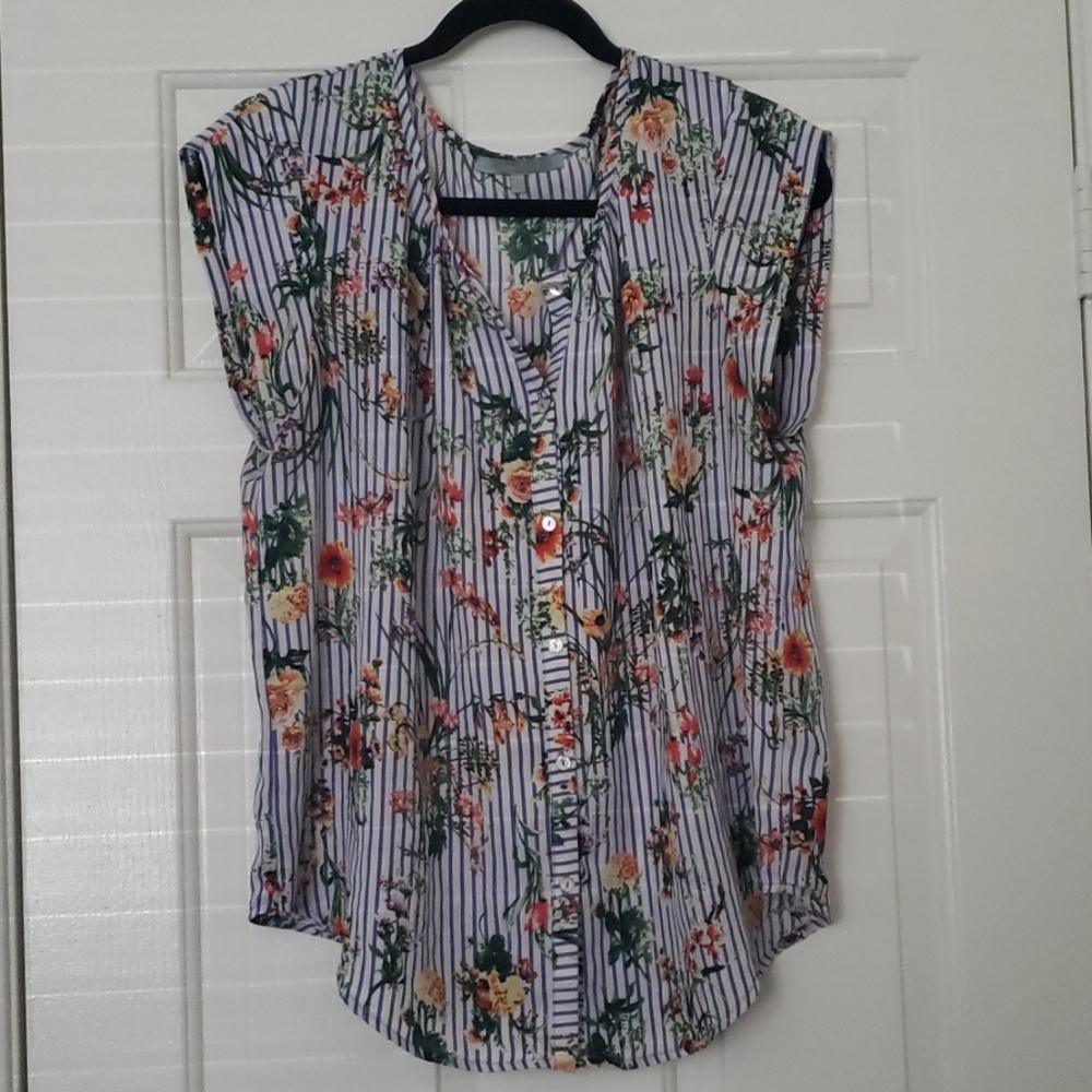 Blue and White Striped Top with Floral pattern